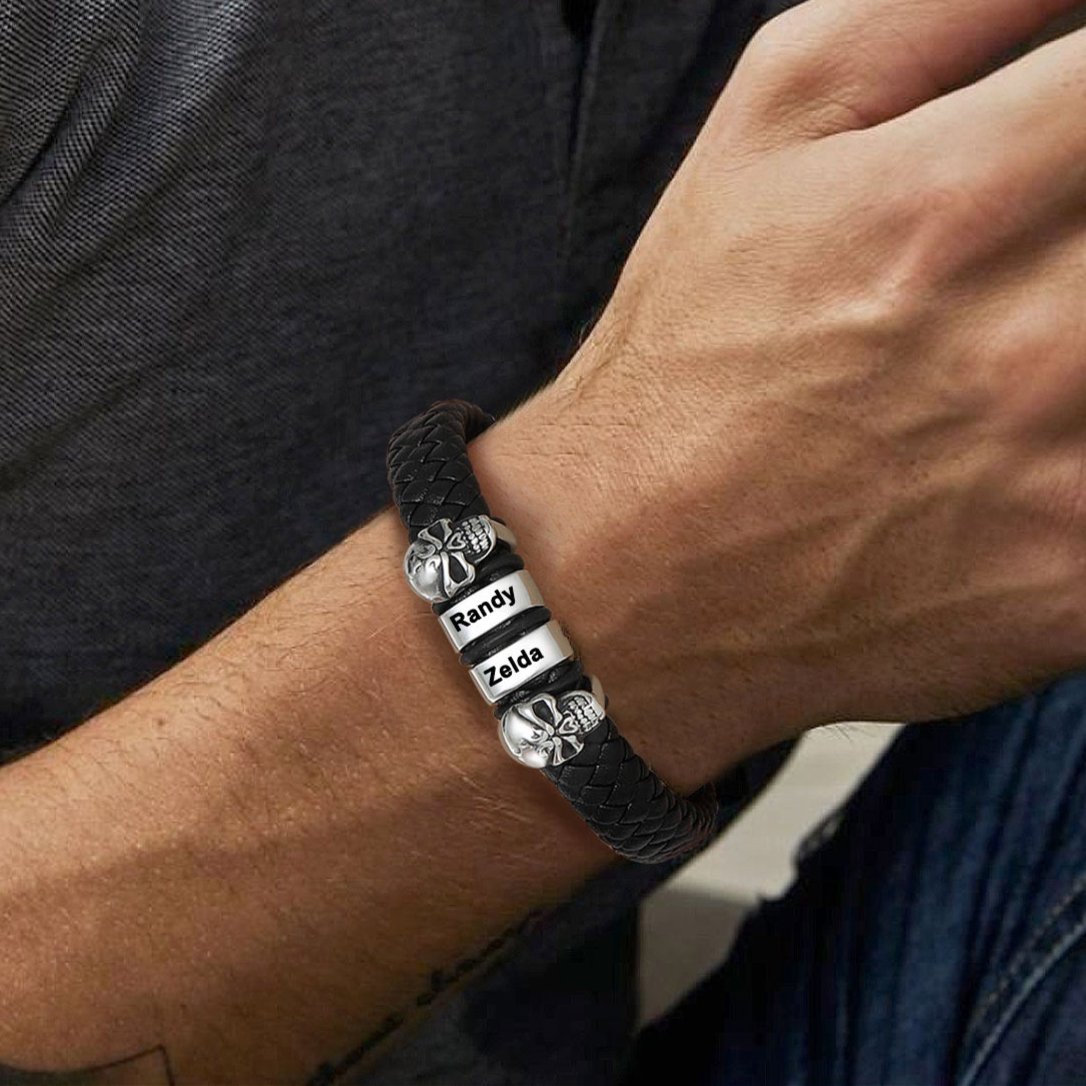 Personalized Skull Bead Leather Bracelet with Names