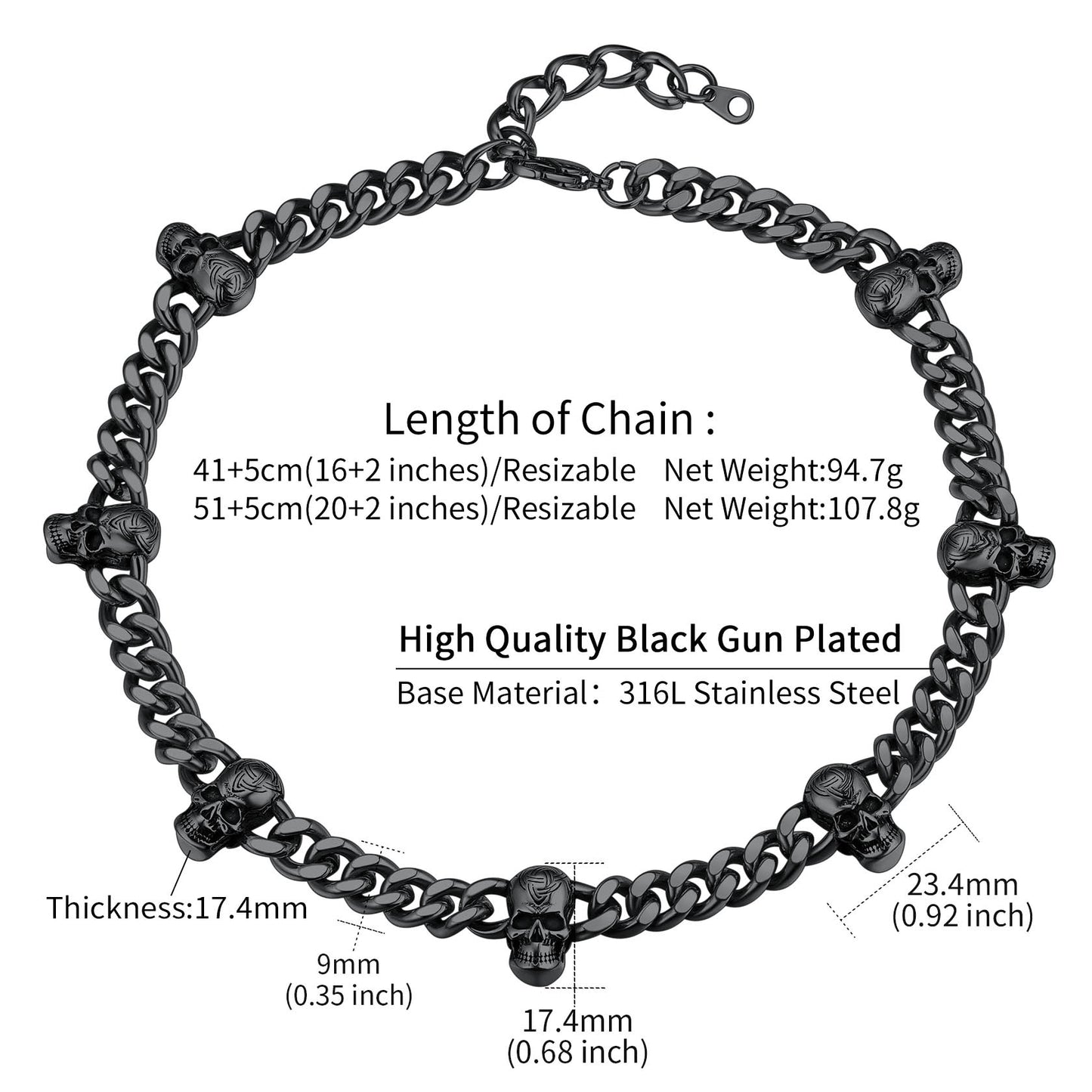 Gothic Skull Cuban Link Chain Choker Necklace - Black Gun Plated