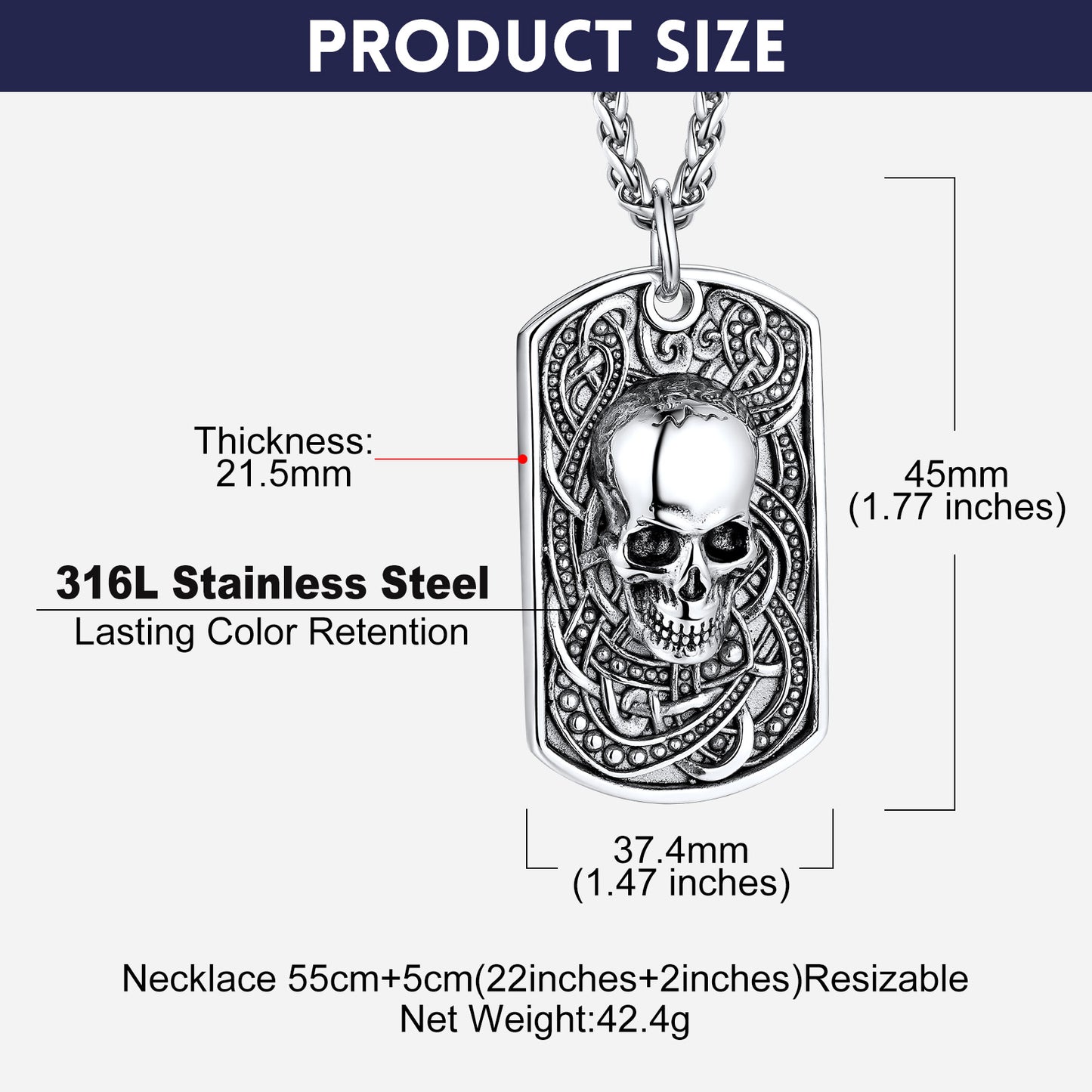 Gothic Skull Dog Tag Pendant Necklace: Dimensions and Material