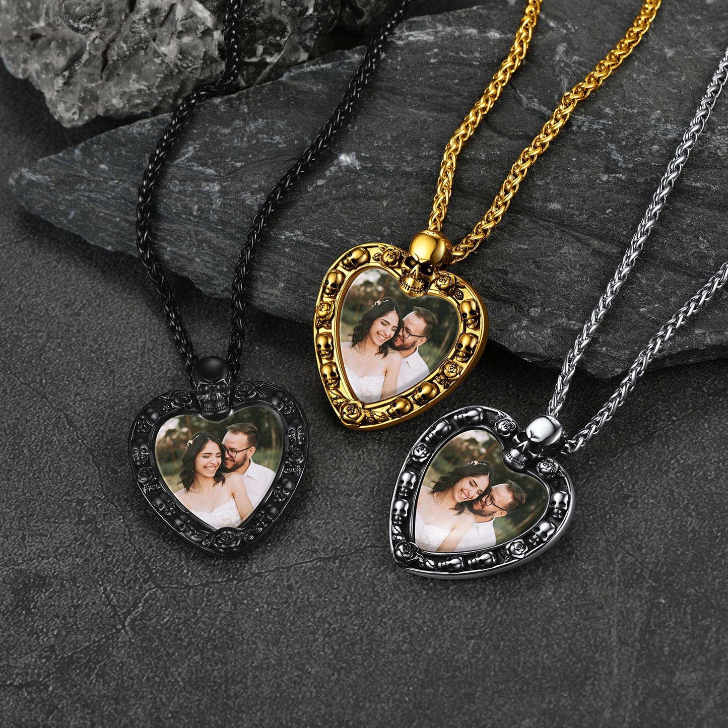 Custom Memorial Photo Necklace with Skull Pendant