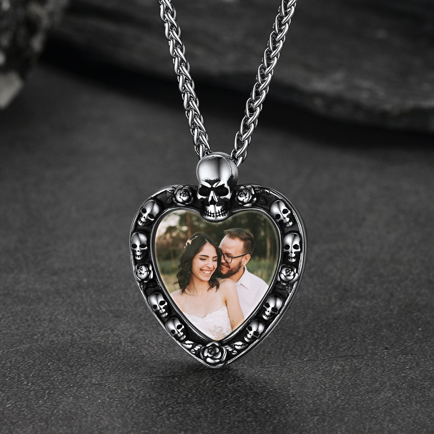 Skull heart photo pendant necklace. Personalized memorial jewelry for couples
