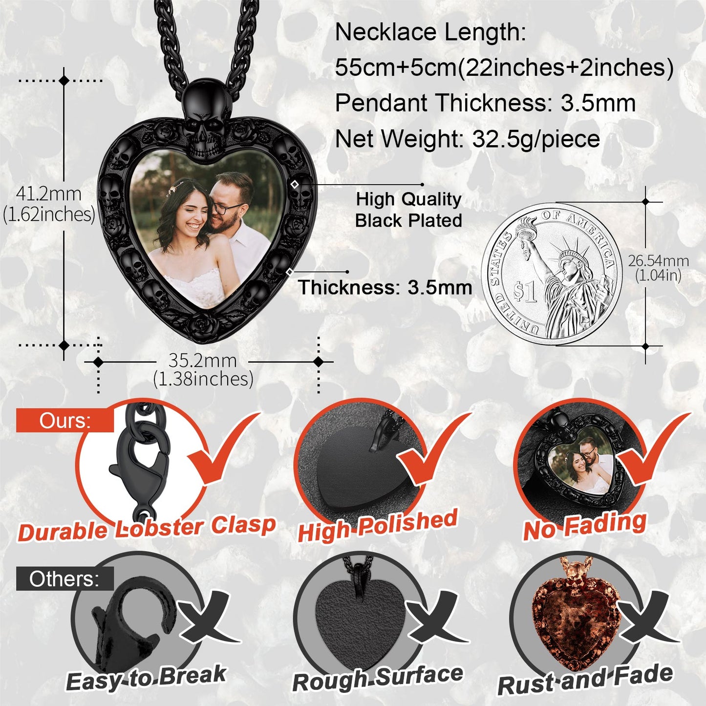 Black heart photo necklace with dimensions, features and benefits
