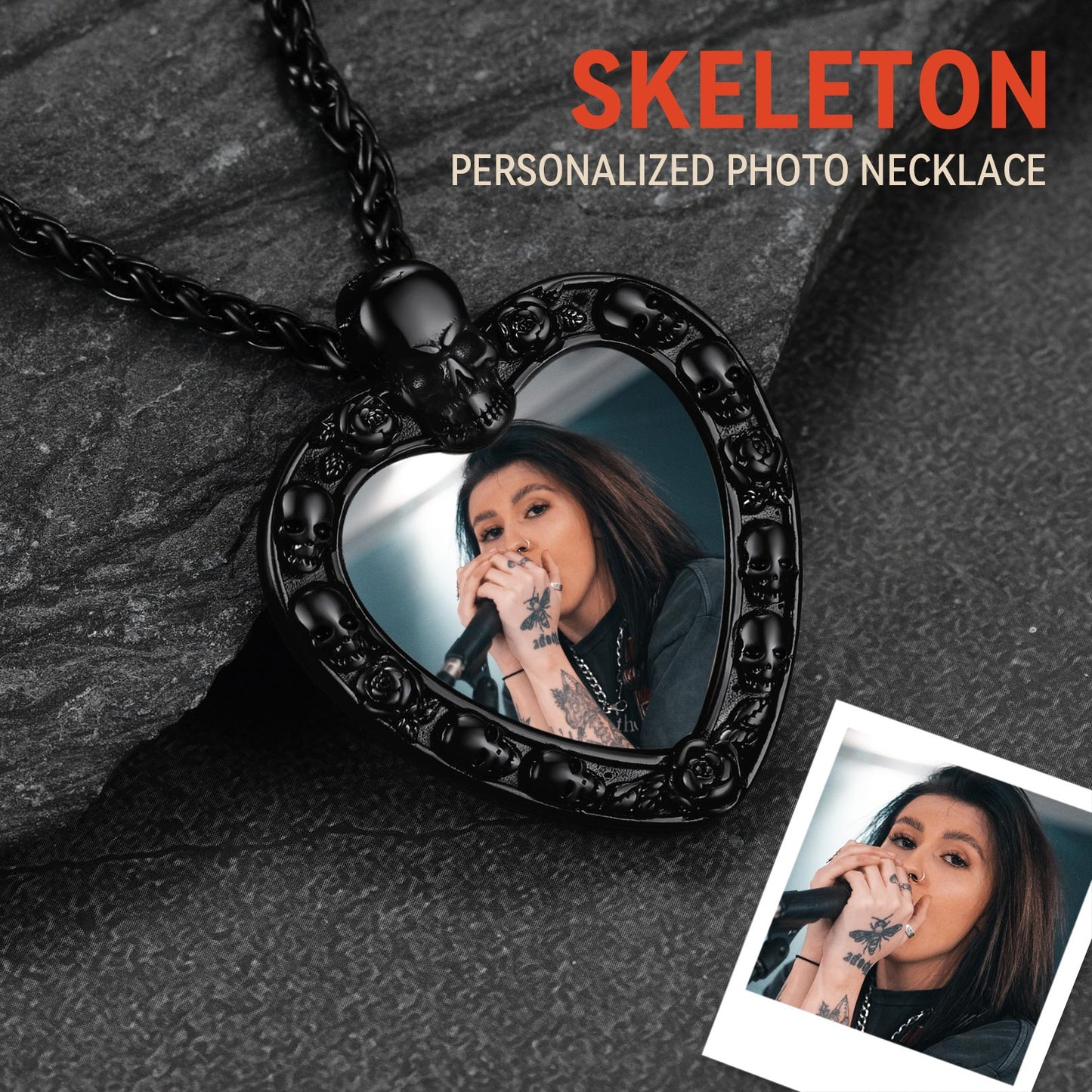 Skeleton photo necklace with a person's photo inside, Personalized memorial jewelry.