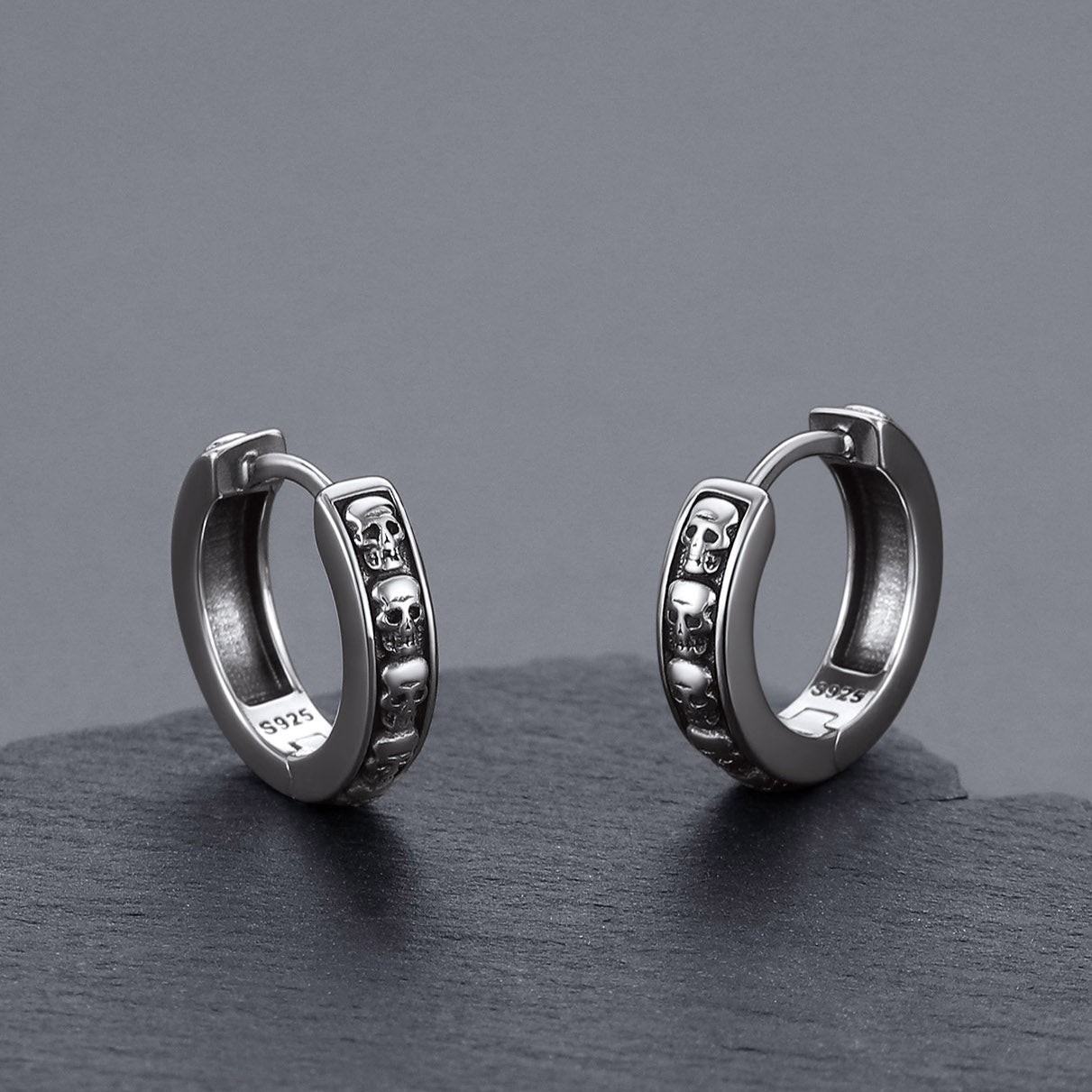 Sterling Silver Skull Hoop Earrings for Men
