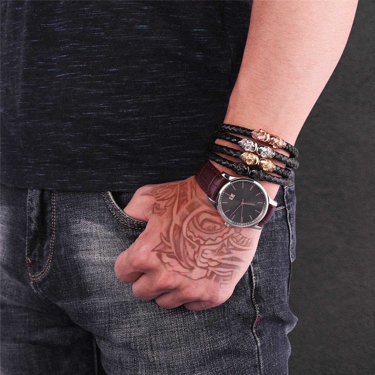 Black braided leather skull bracelet for men