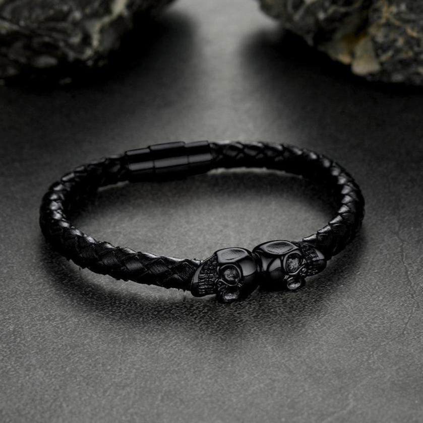 Men's gothic skull bracelet, black braided leather