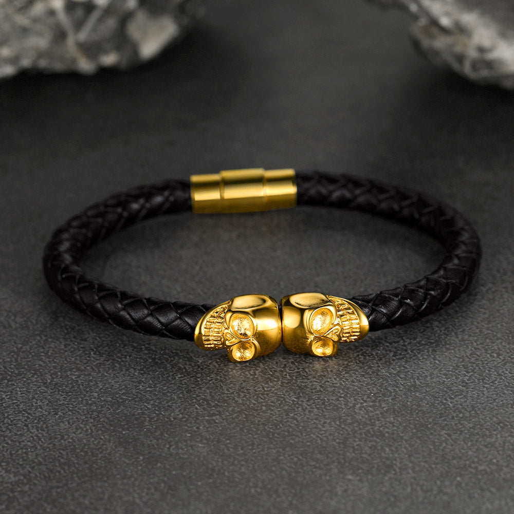 Gold skull head bracelet for men, black braided leather