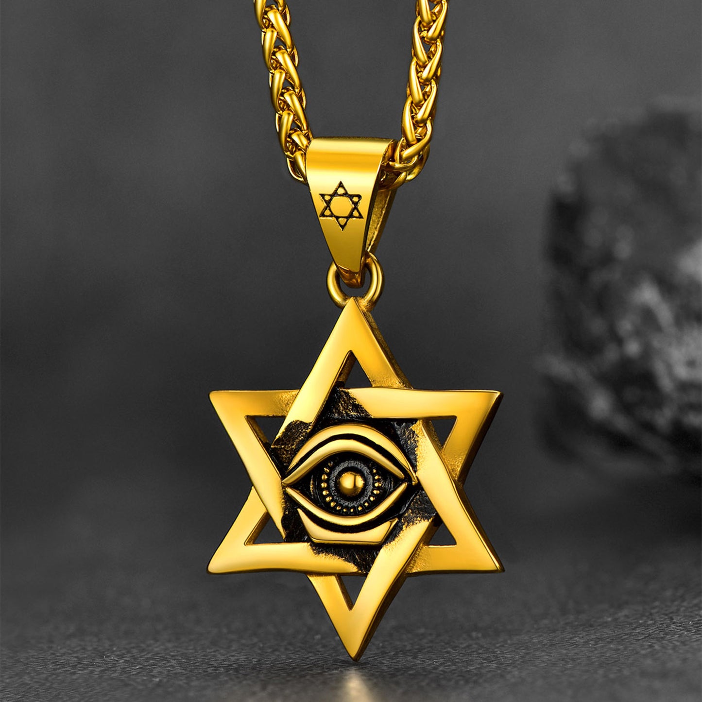 Gold Star of David necklace with Eye of God pendant