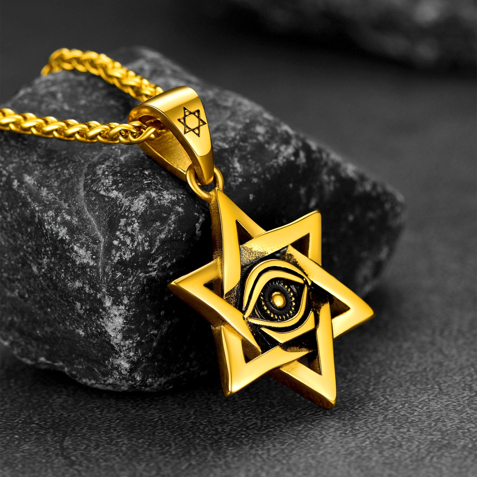 Gold Star of David necklace with Eye of God pendant