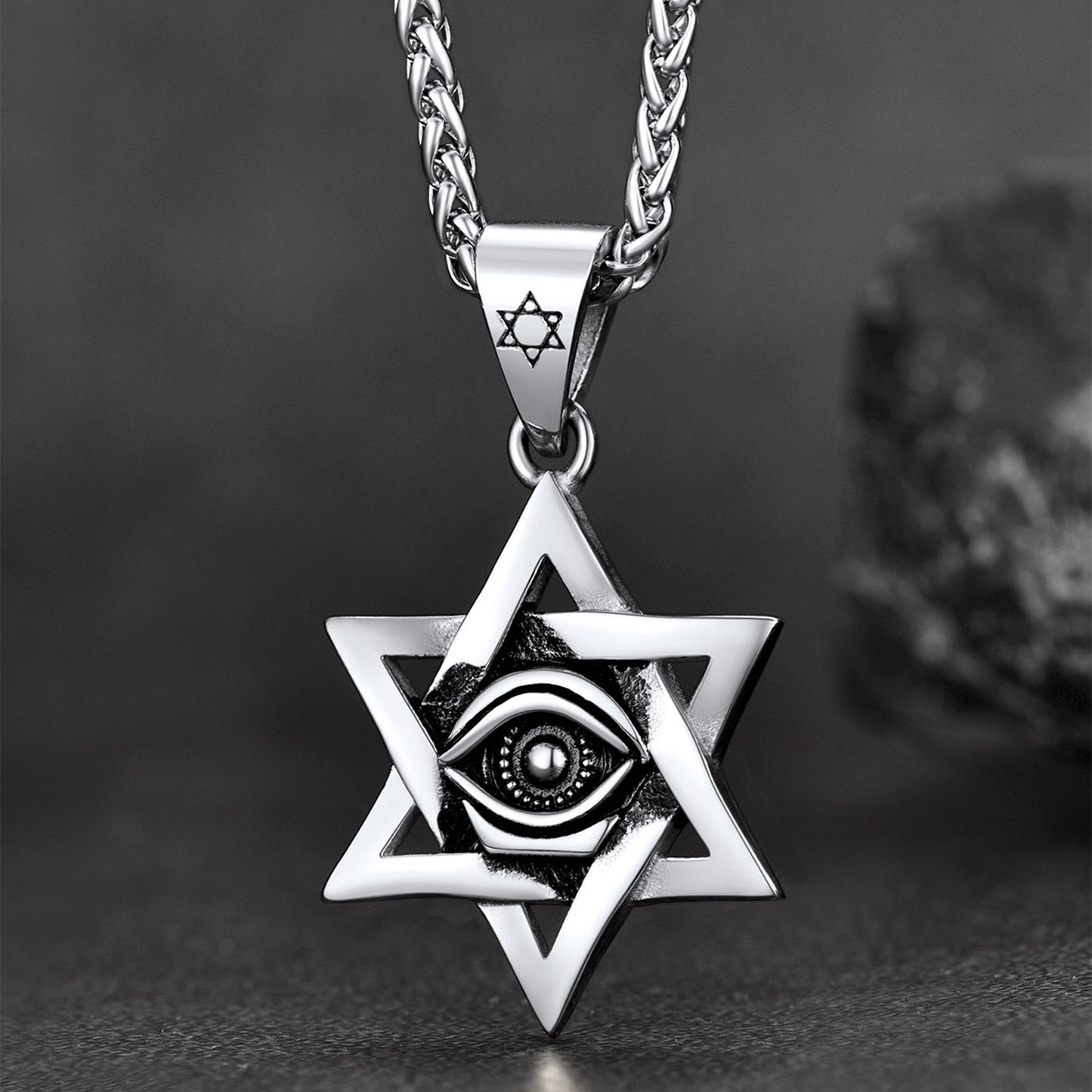 Silver Star of David necklace with Eye of God pendant