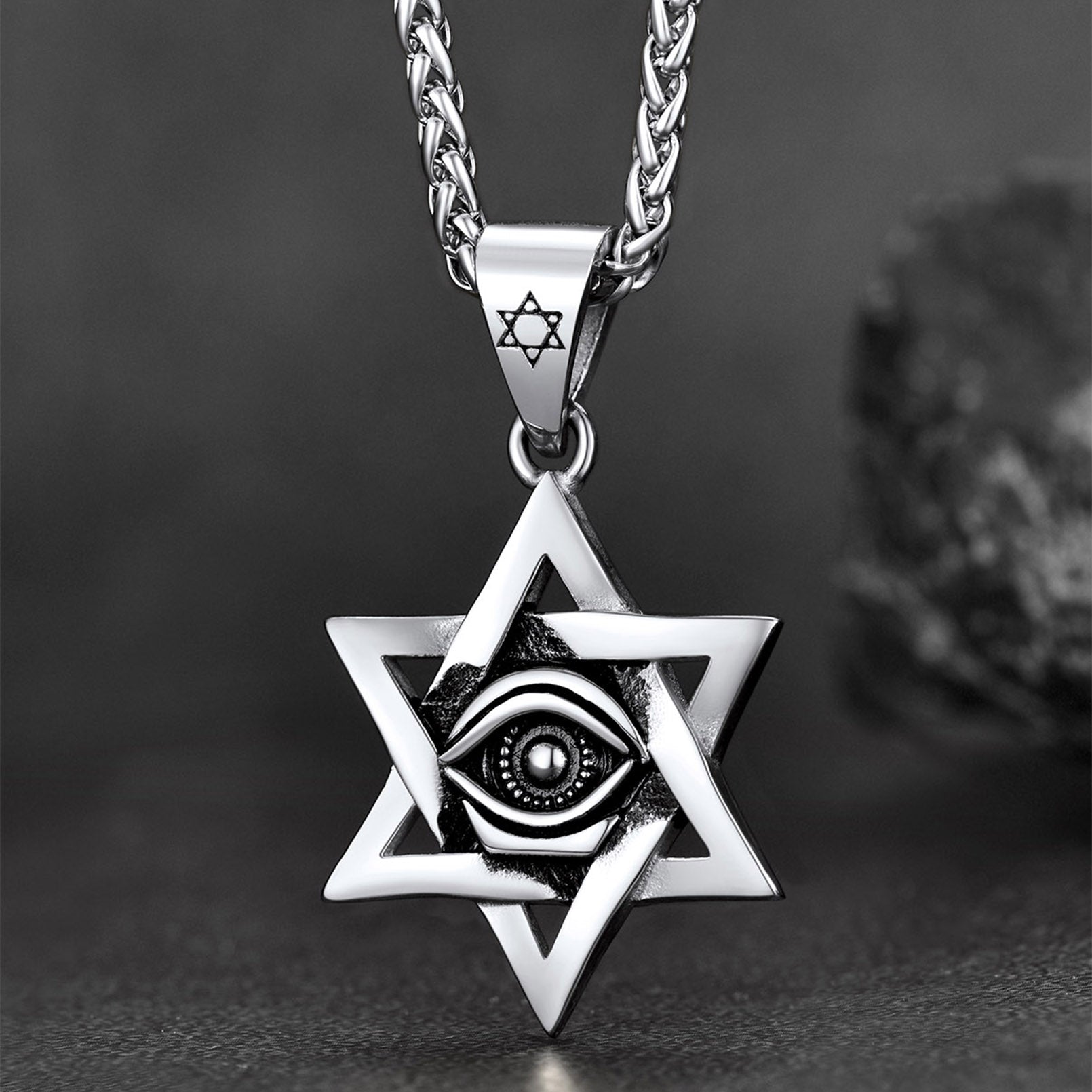 Silver Star of David necklace with Eye of God pendant