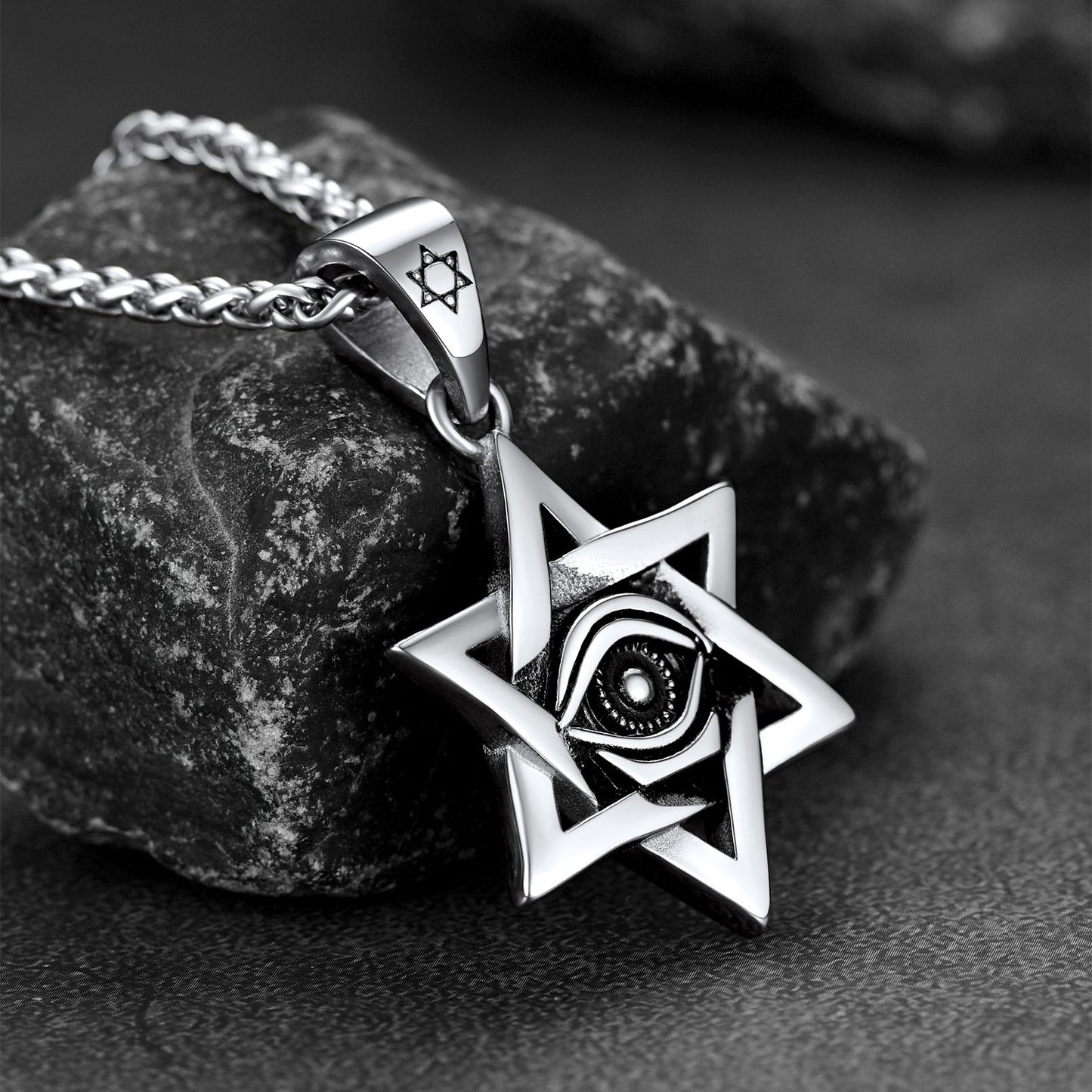 Silver Star of David pendant necklace with eye of god