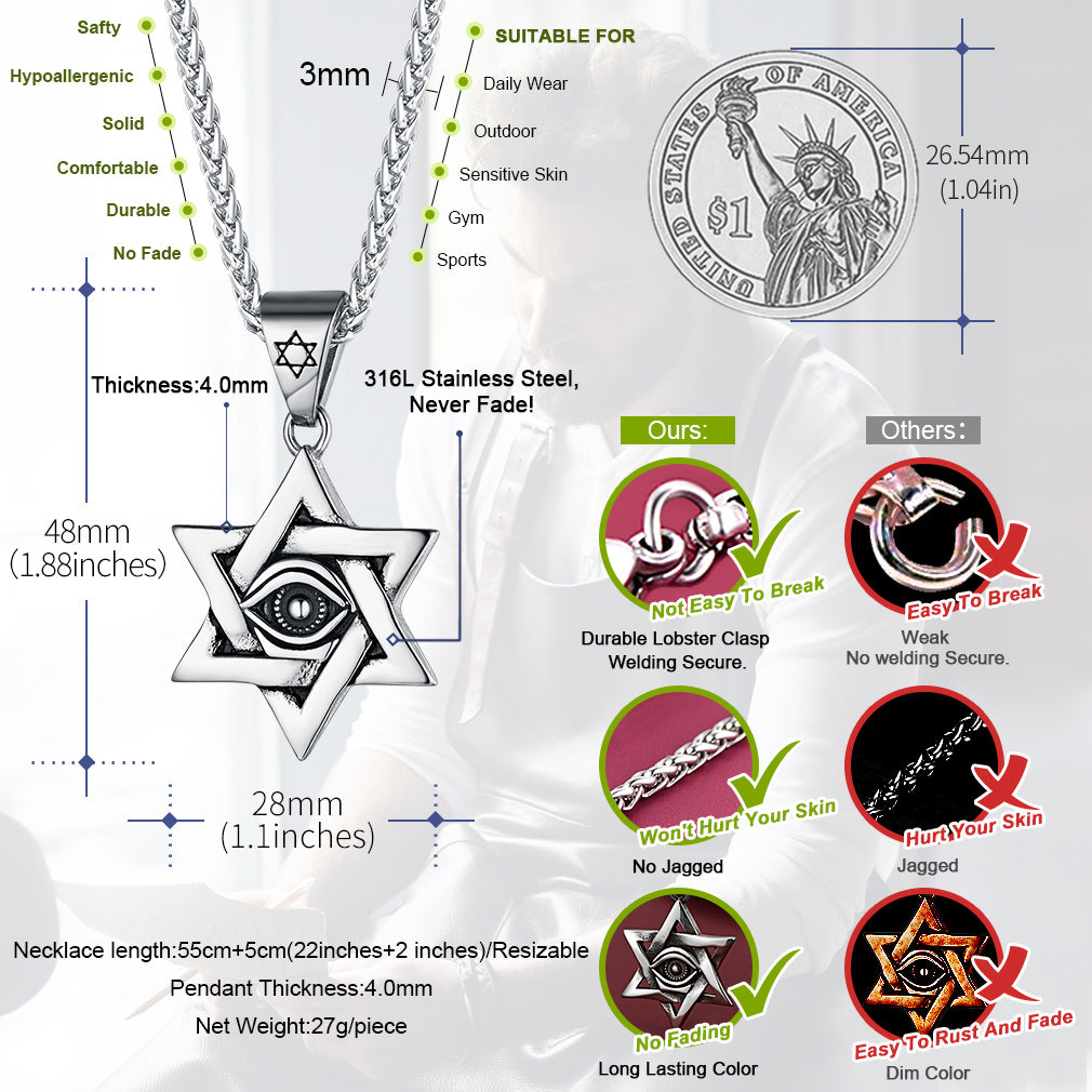 Stainless Steel Star of David necklace with Eye of God pendant, never fade