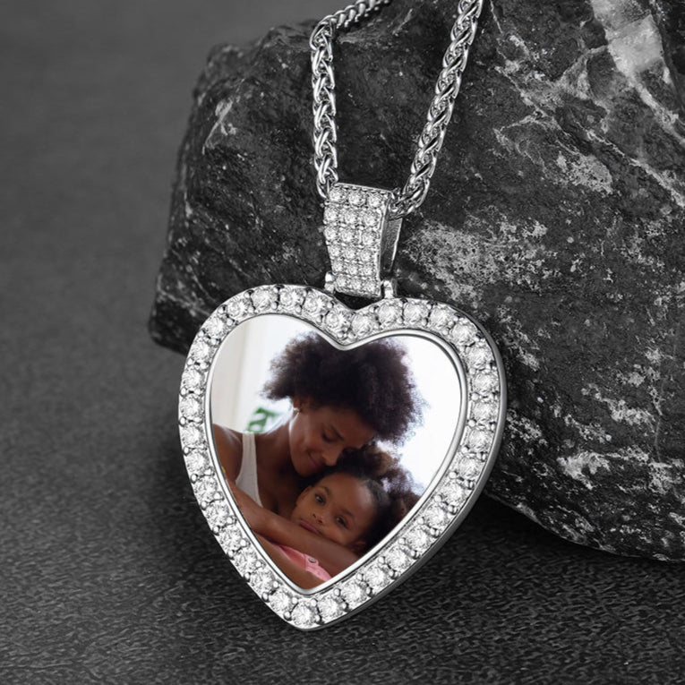 Sterling silver custom photo heart pendant necklace with cubic zirconia