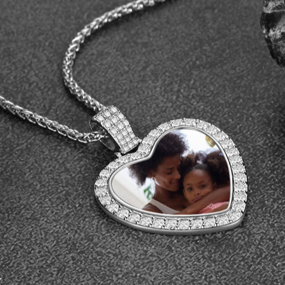 Heart-shaped photo pendant necklace with cubic zirconia and family photo