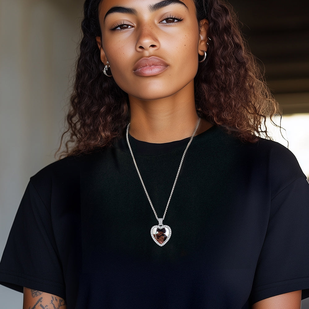 Woman wearing custom photo heart pendant necklace, sterling silver