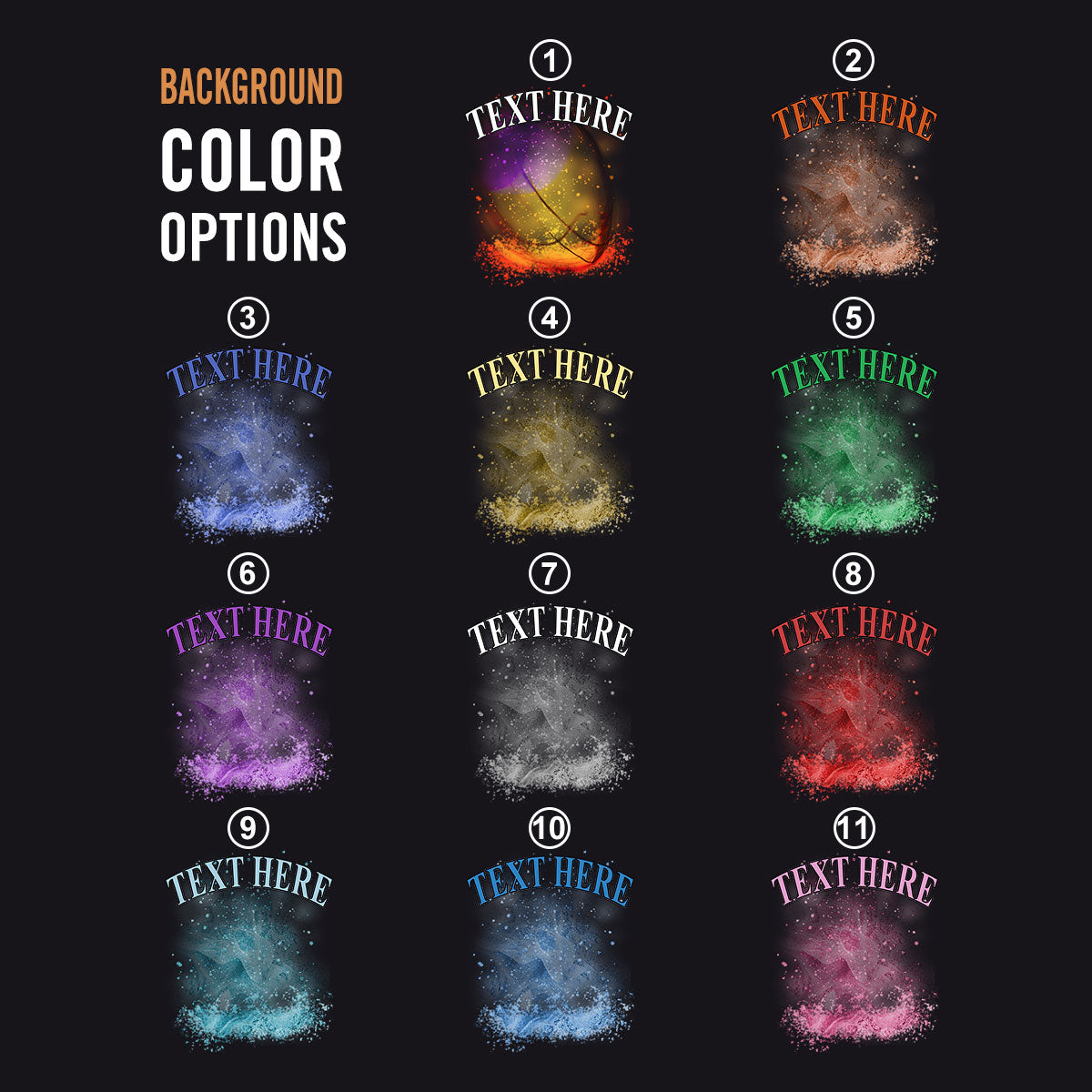 Various space-themed background color options with text placeholders on a black background.