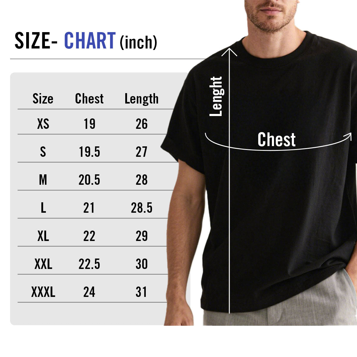 Black t-shirt with size chart showing chest and length measurements.