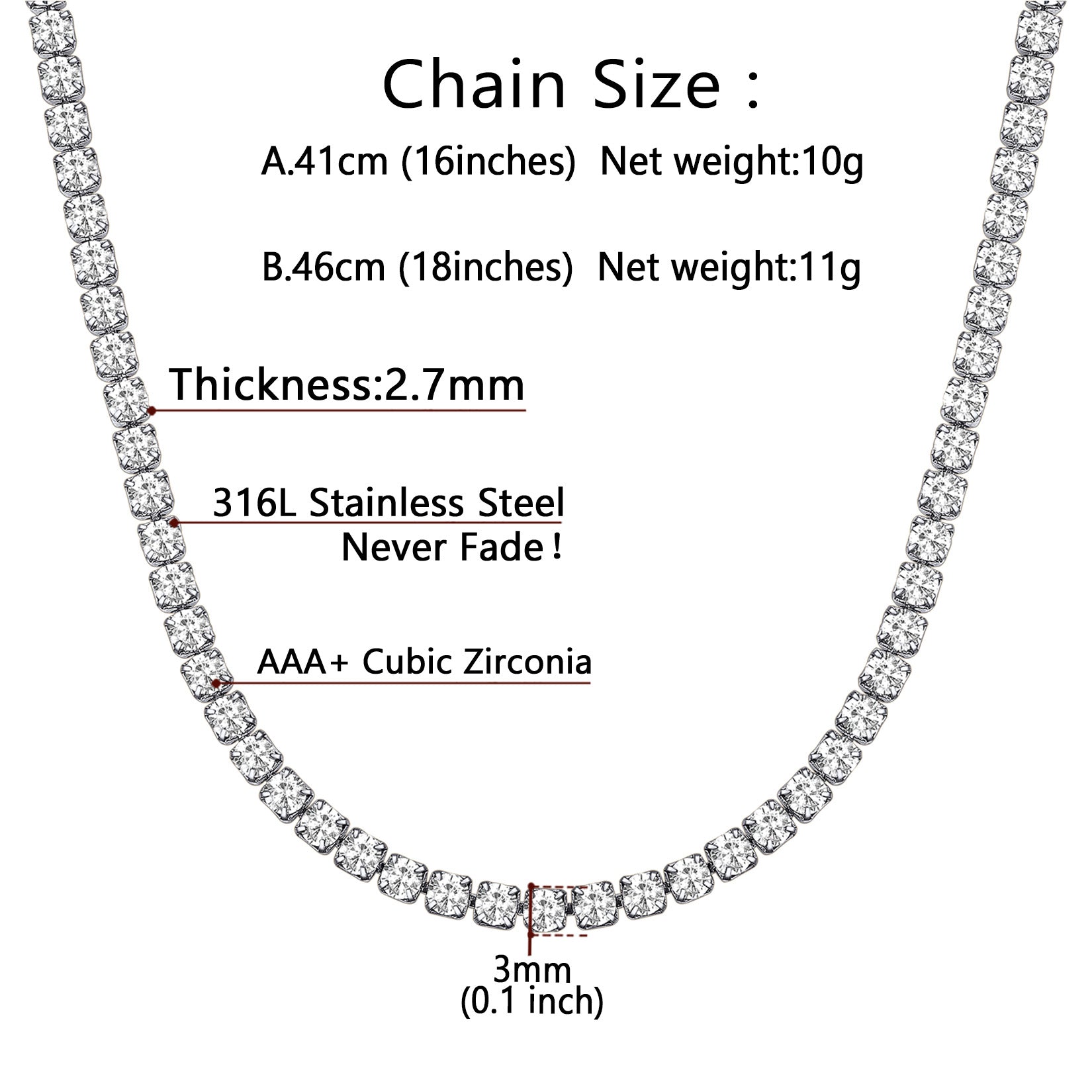CZ Diamond Tennis Chain Necklace details: size, material, and weight