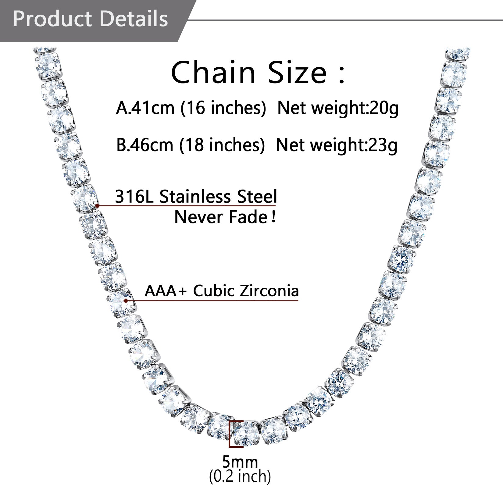 CZ Diamond Tennis Chain Necklace details - size, material
