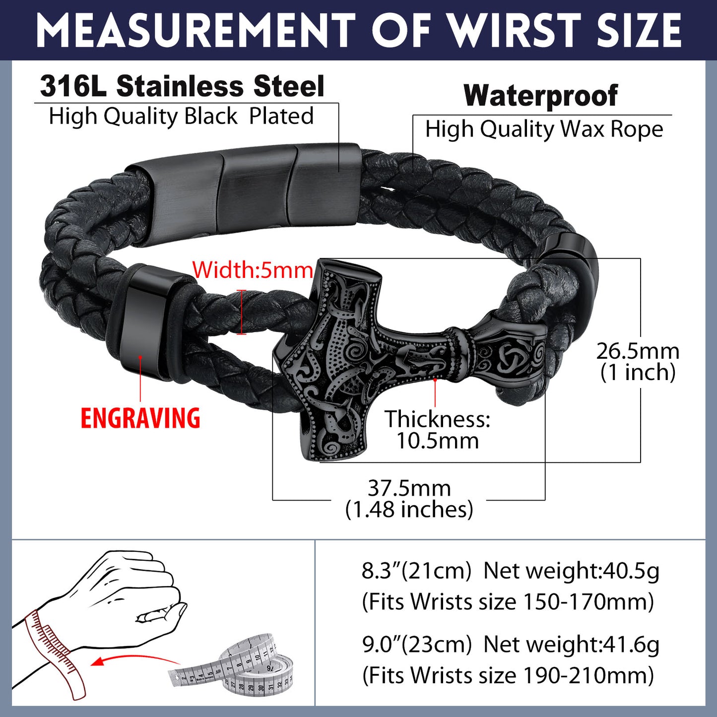 Thor's Hammer Bracelet with Measurements, Stainless Steel