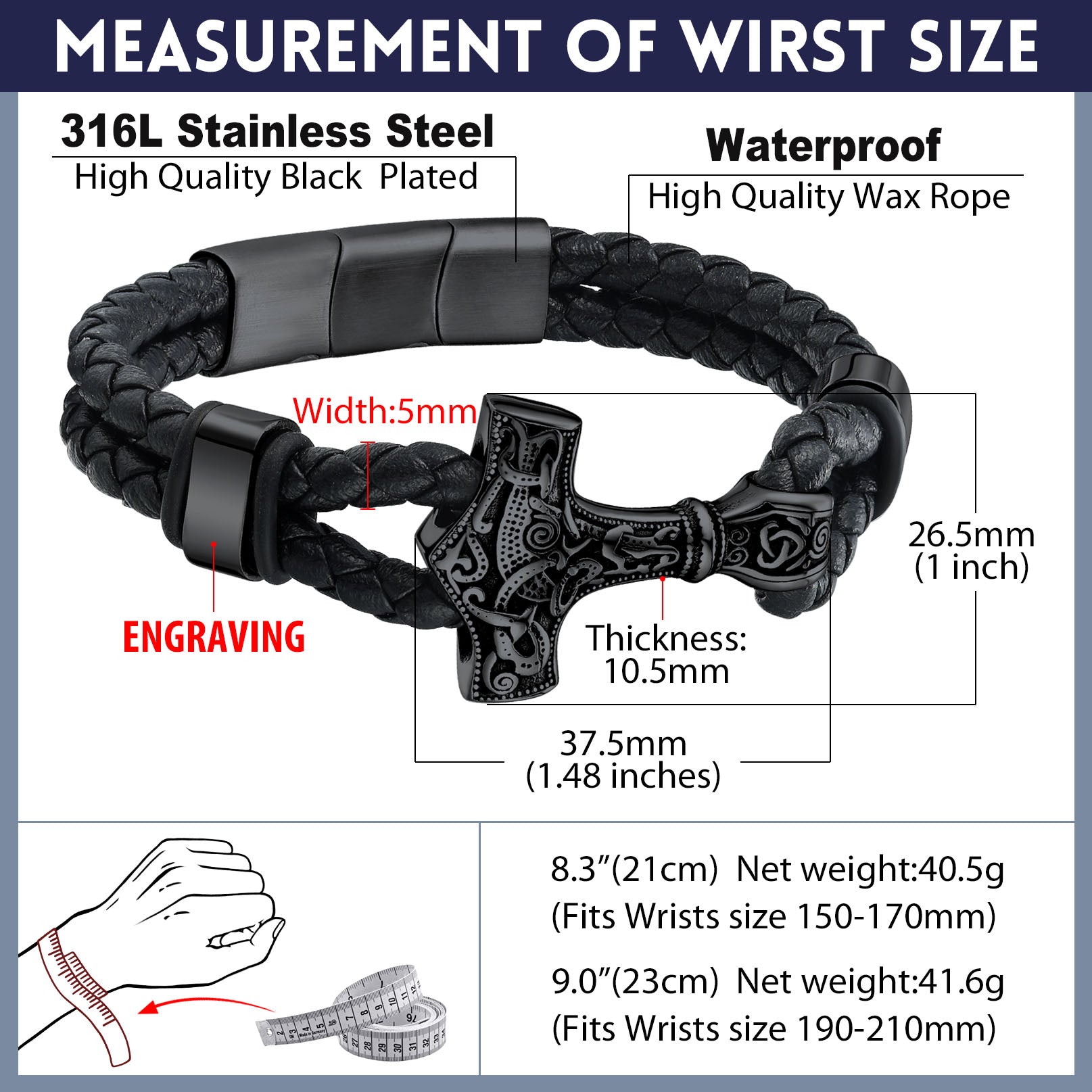Thor's Hammer Bracelet with Measurements, Stainless Steel