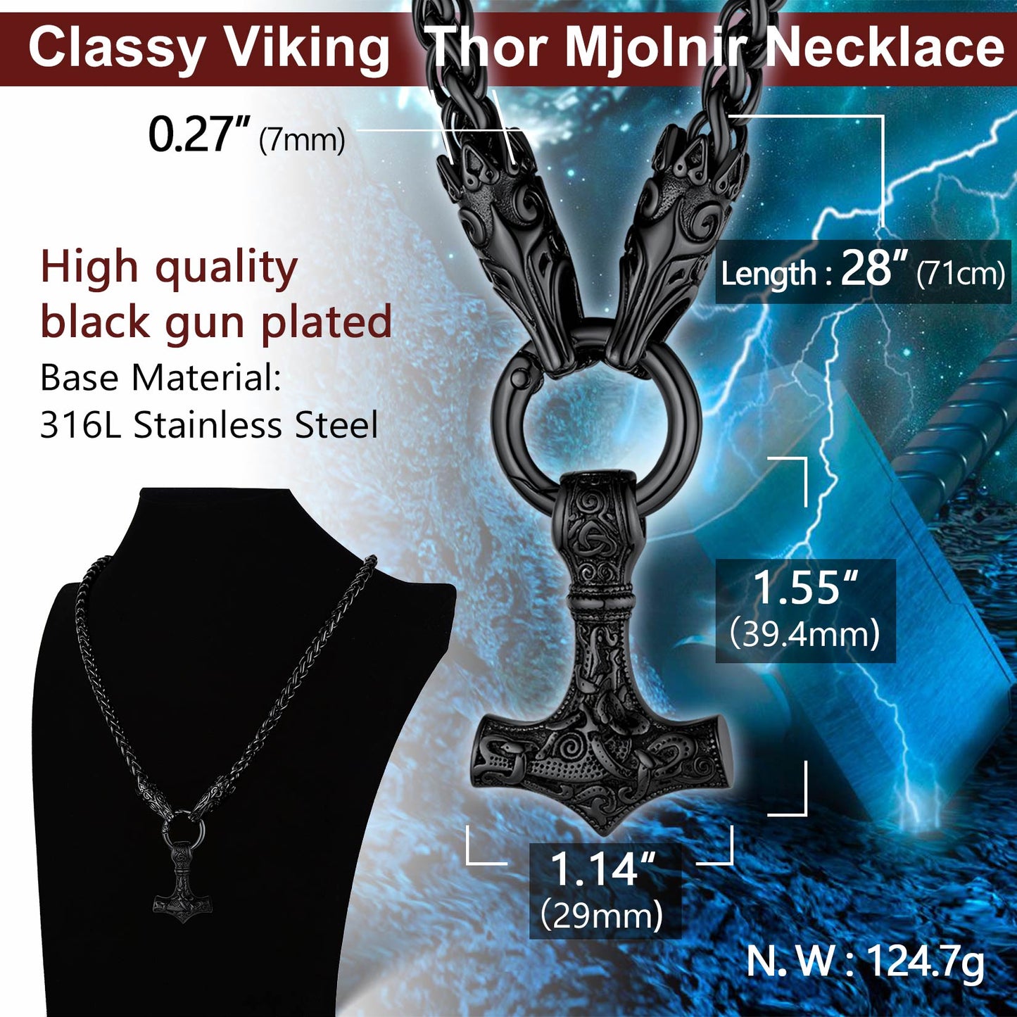 Black Stainless Steel Viking Thor Mjolnir Necklace with dimensions