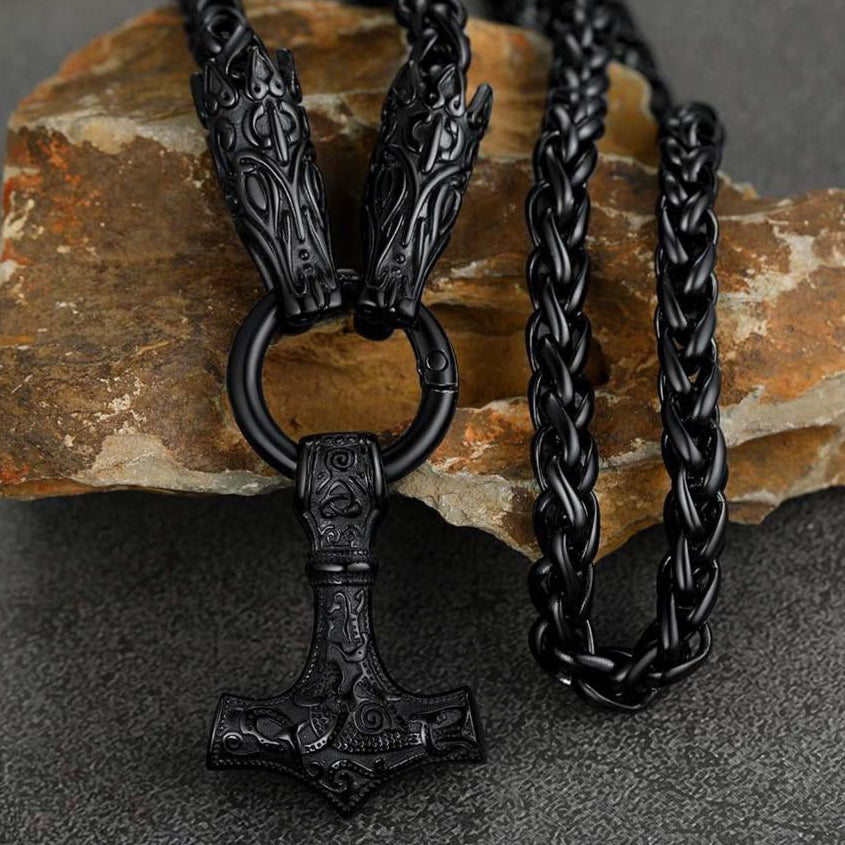 Black stainless steel Viking Thor's Hammer Mjolnir necklace with wolf chain