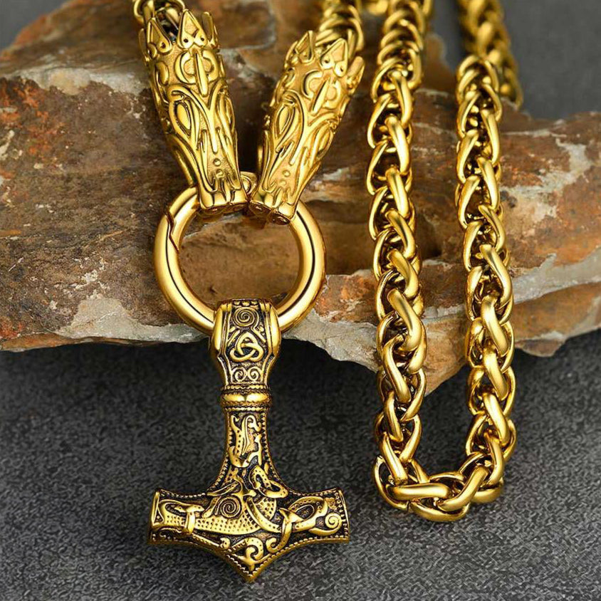 Golden Viking Thor's Hammer Necklace with Wolf Chain