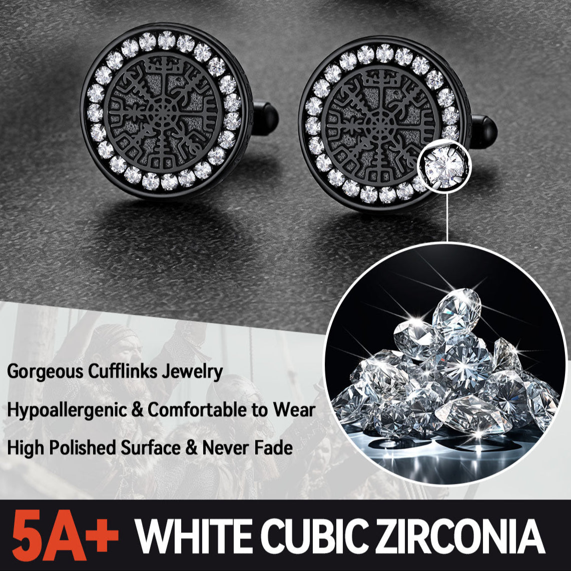 Black Vegvisir Compass Cufflinks with White Cubic Zirconia