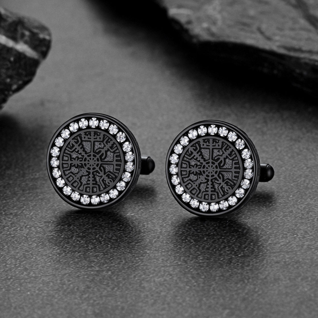 Black Vegvisir Compass Cufflinks for Men with Cubic Zirconia