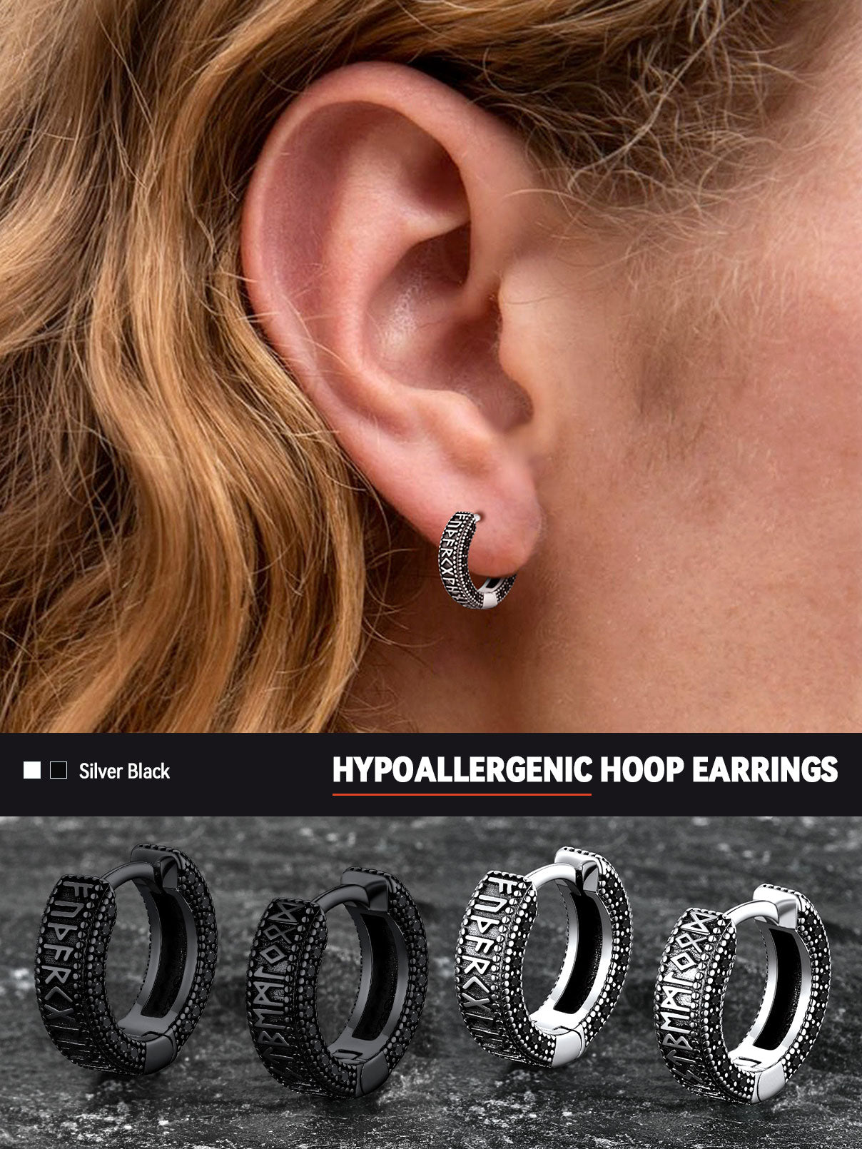 Hypoallergenic Viking Runes Hoop Earrings, black zirconia