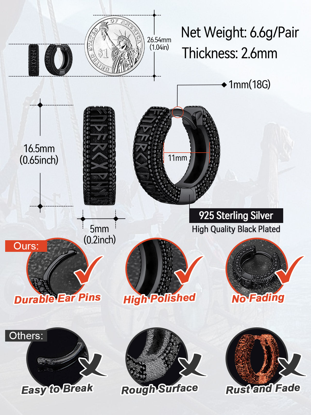 Sterling Silver Viking Rune Hoop Earrings details, durable ear pins, high polished