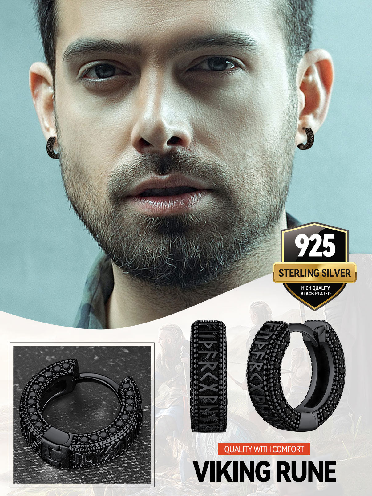 Viking Rune Hoop Earrings for Men, Sterling Silver