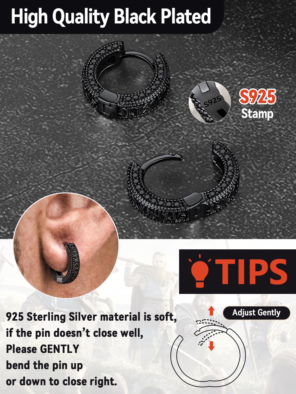 Black Sterling Silver Viking Rune Hoop Earrings,S925 Stamp