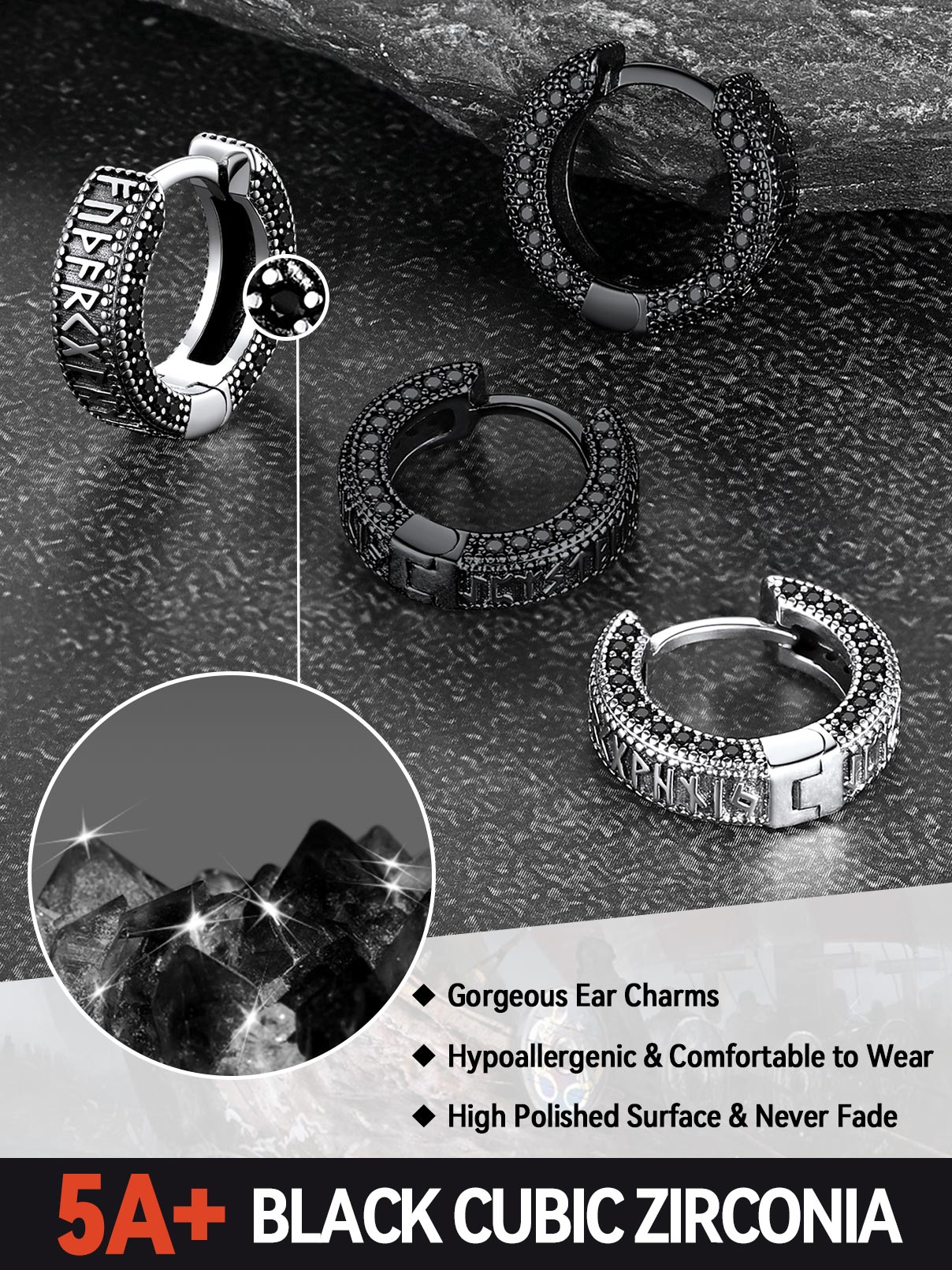 Viking Runes Hoop Earrings with Black Cubic Zirconia, Black Earring Charms