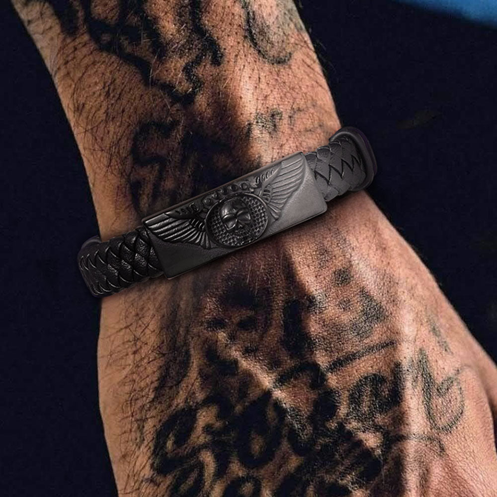 FaithHeart Black Braided Leather Bracelet Cuff with Skull Wing for Men FaithHeart