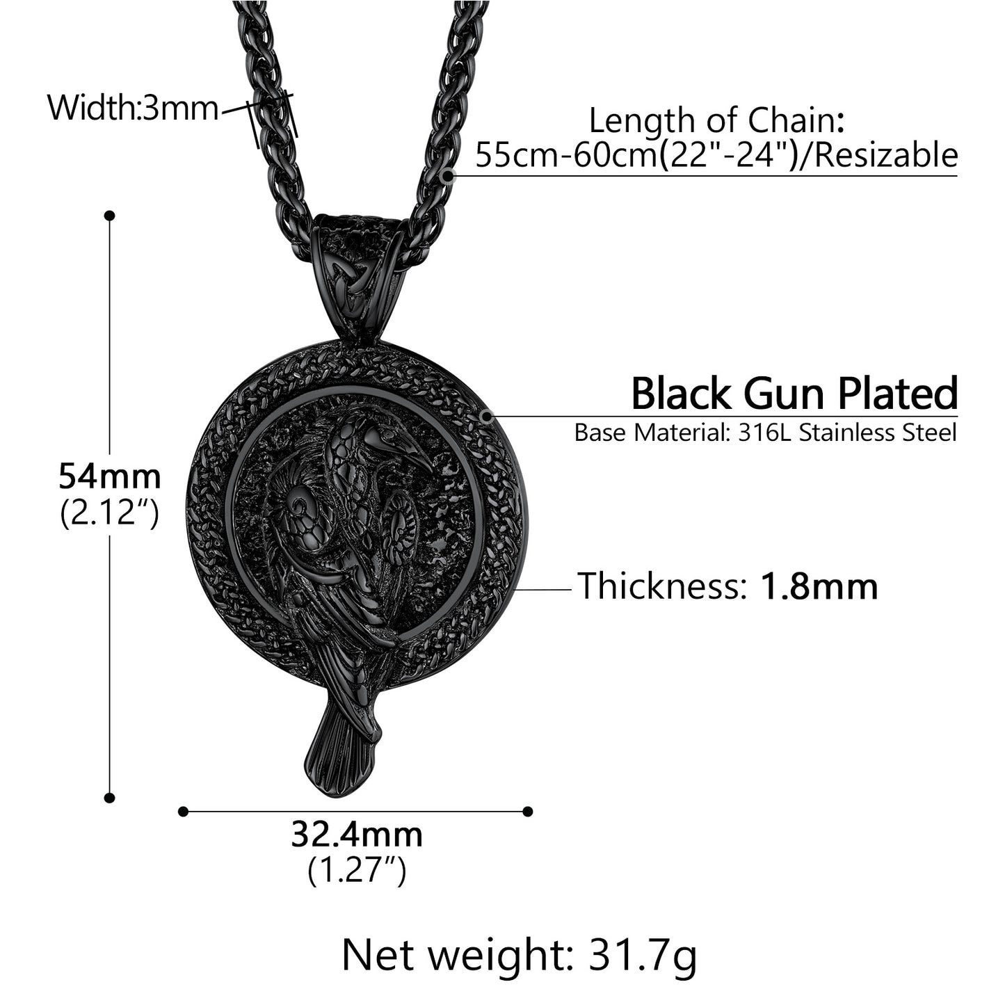 Black Viking Odin's Raven Pendant Necklace with Chain Specifications
