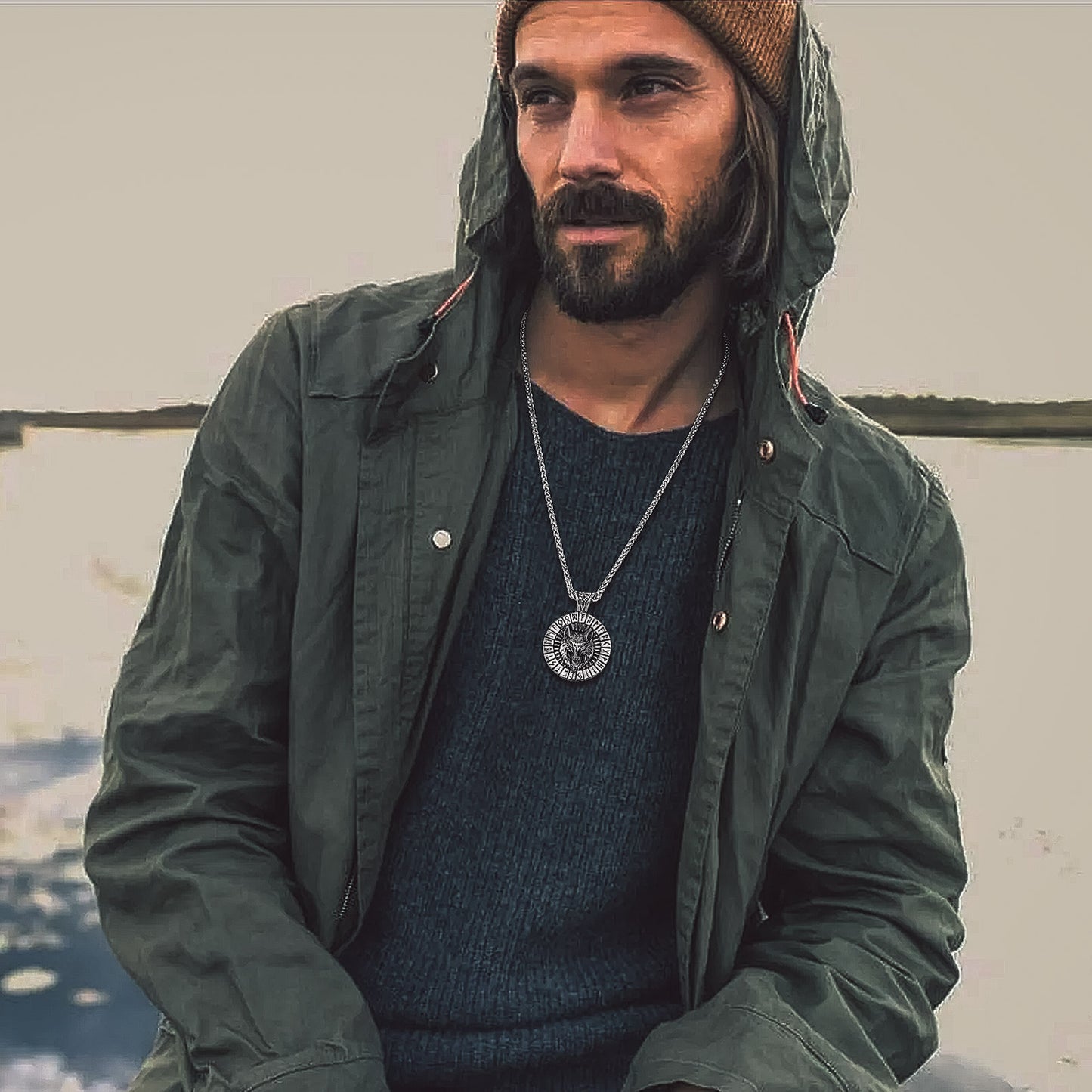 Man wearing Viking Wolf Necklace, stainless steel jewelry