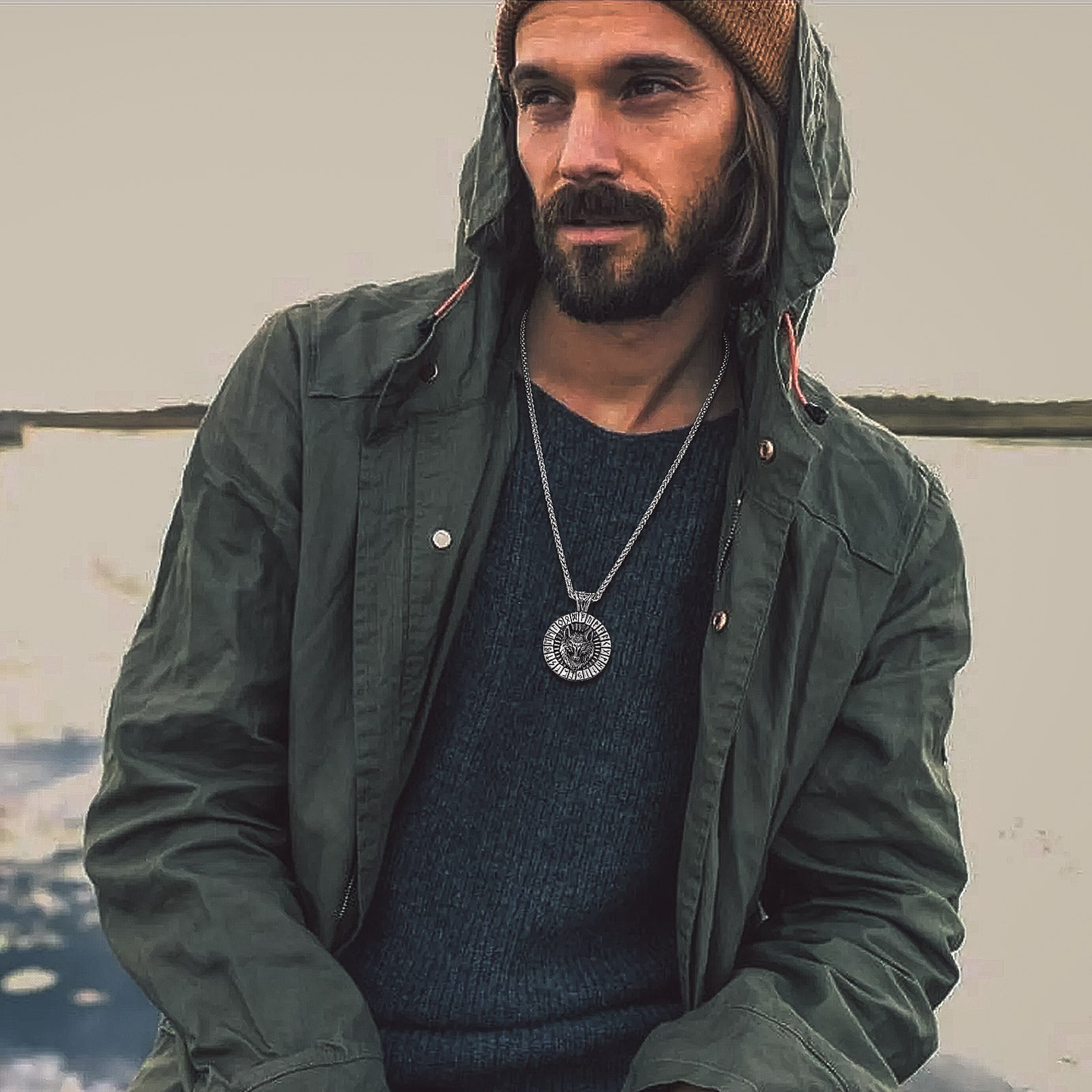 Man wearing Viking Wolf Necklace, stainless steel jewelry