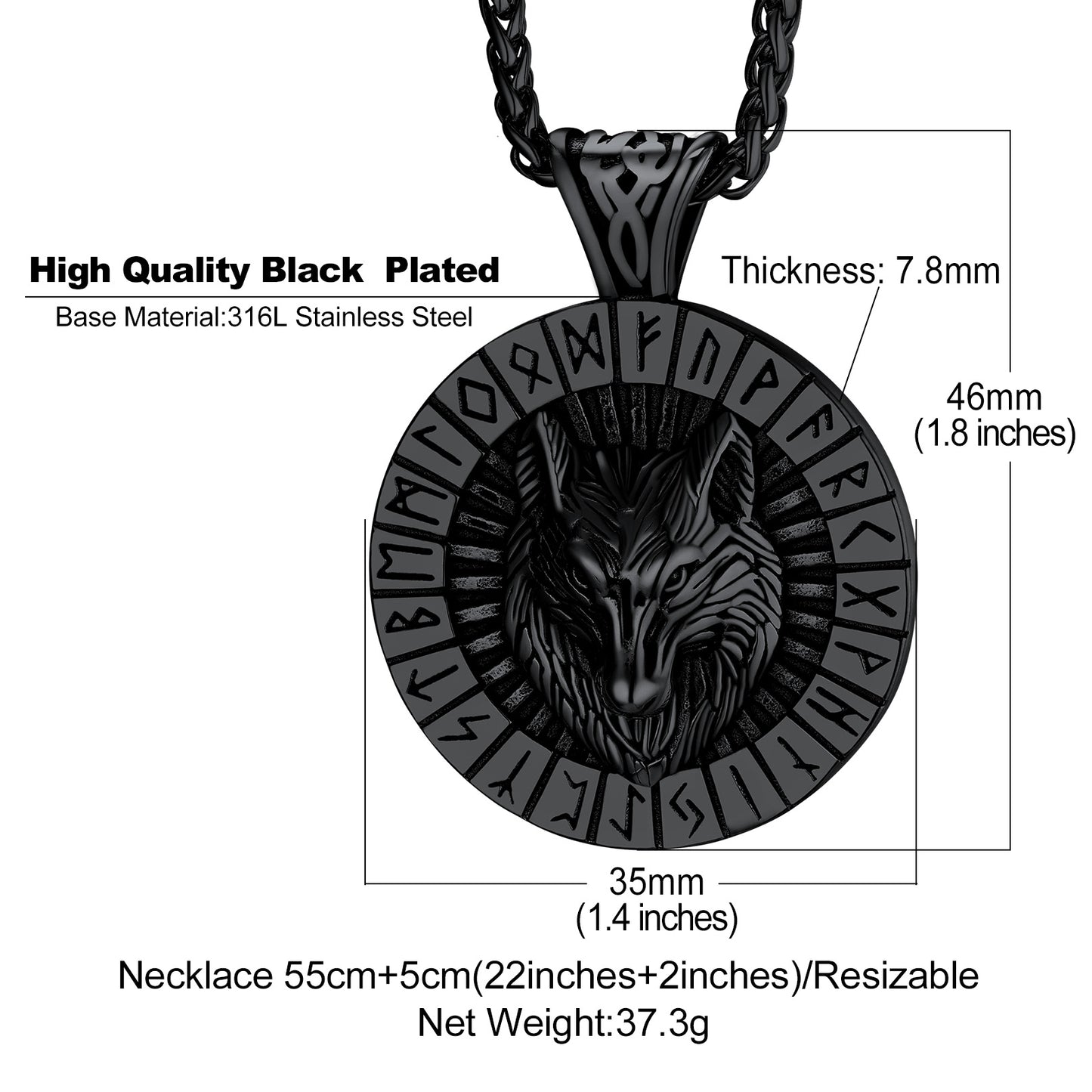 Black Viking Wolf Necklace with Runes - 316L Stainless Steel
