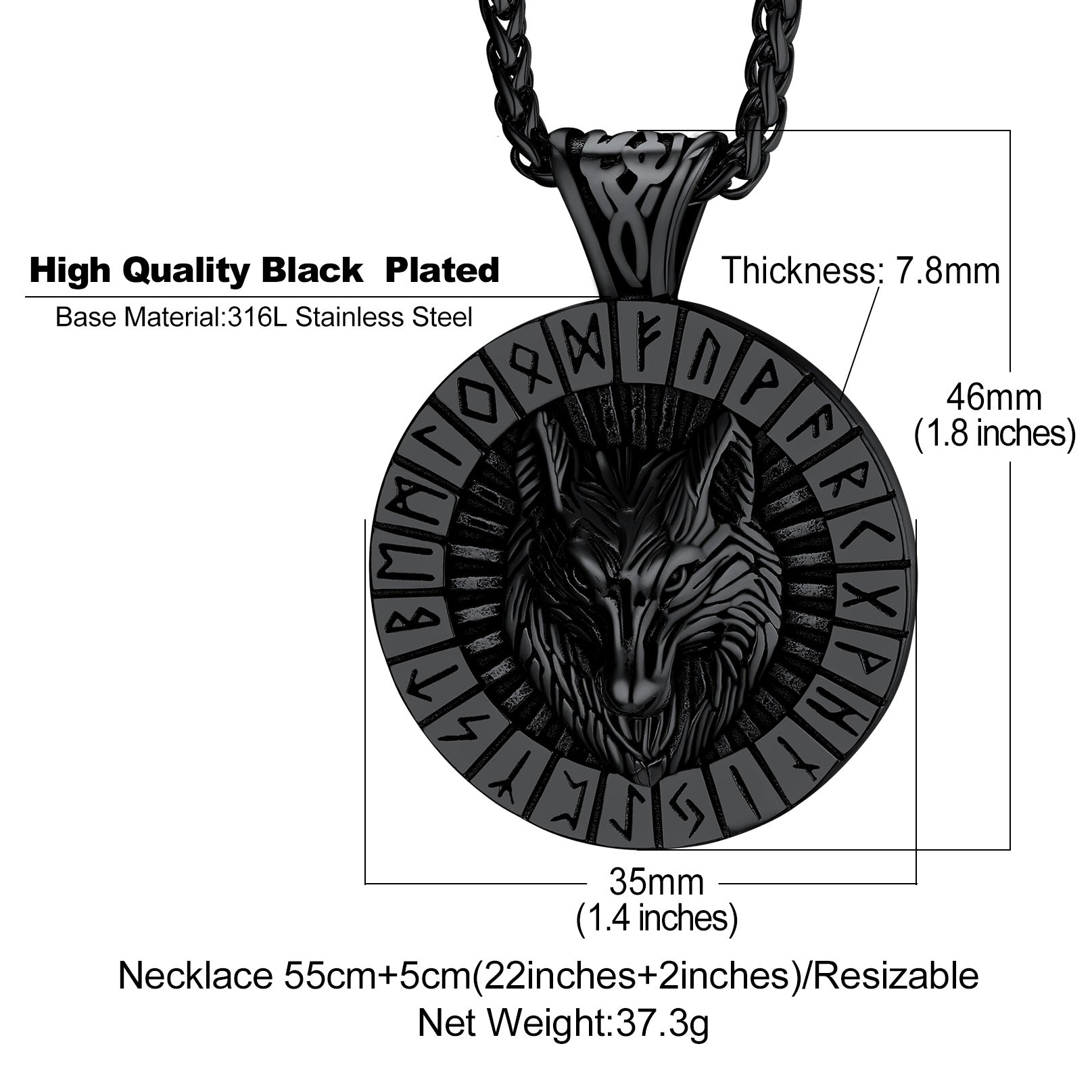 Black Viking Wolf Necklace with Runes - 316L Stainless Steel