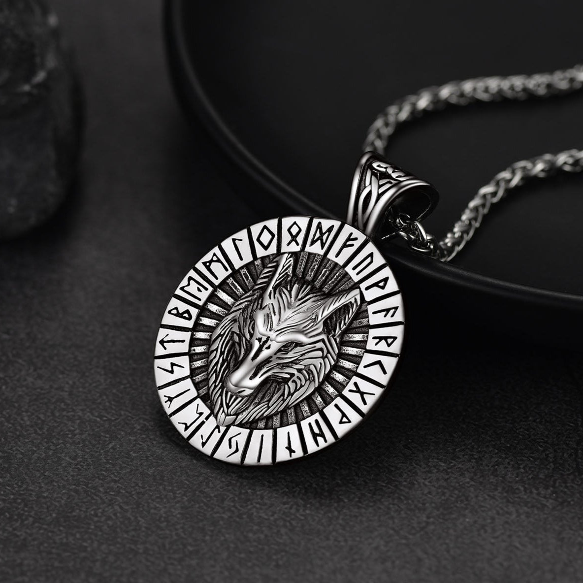 Viking Wolf Pendant Necklace with Runes - Stainless Steel