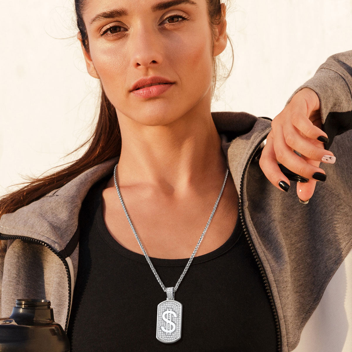 FaithHeart Hip Hop Dollar Design Cubic Zirconia Bling Dog Tag Necklaces FaithHeart