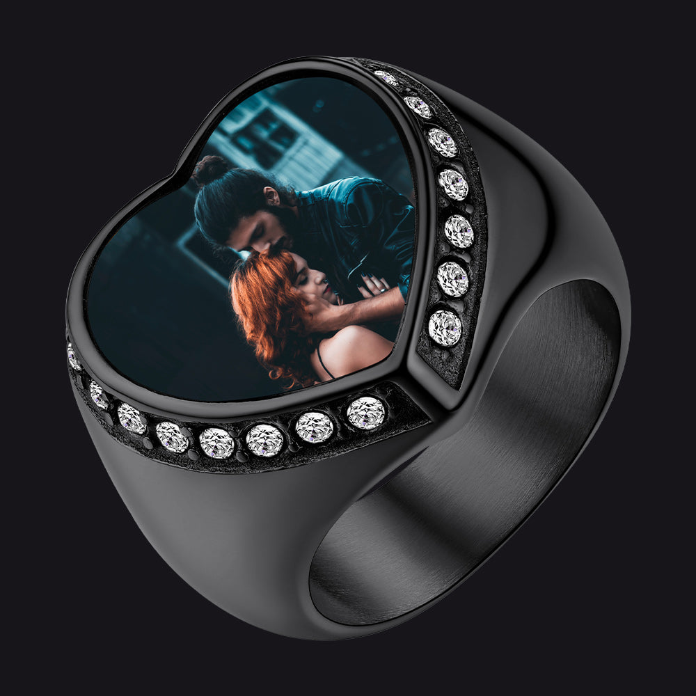 FaithHeart Heart Personalized Pictures Name Engraving Stainless Steel Signet Ring FaithHeart