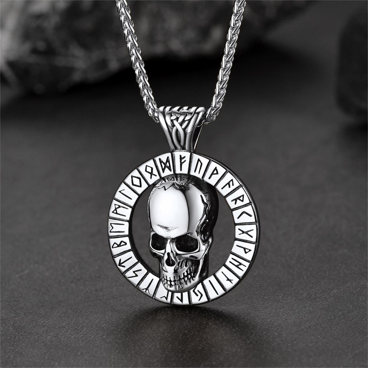 FaithHeart Gothic Skull Necklace For Men With Viking Runes FaithHeart