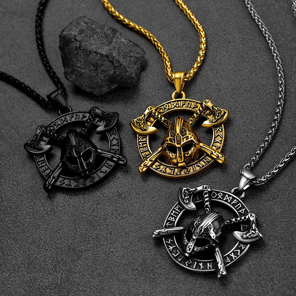 FaithHeart Viking Axe Helmet Pendant Necklace For Men With Runes FaithHeart