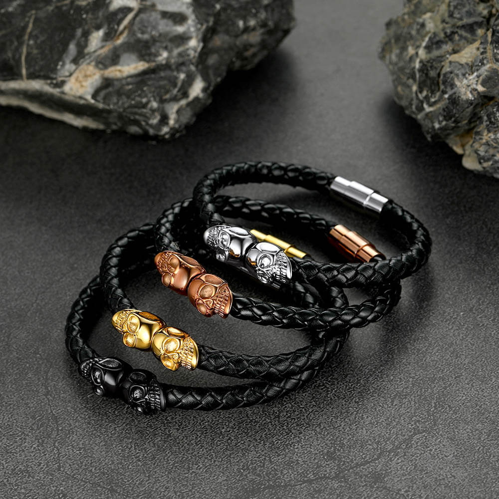 FaithHeart Braided Leather Bracelet With Skull for Men FaithHeart