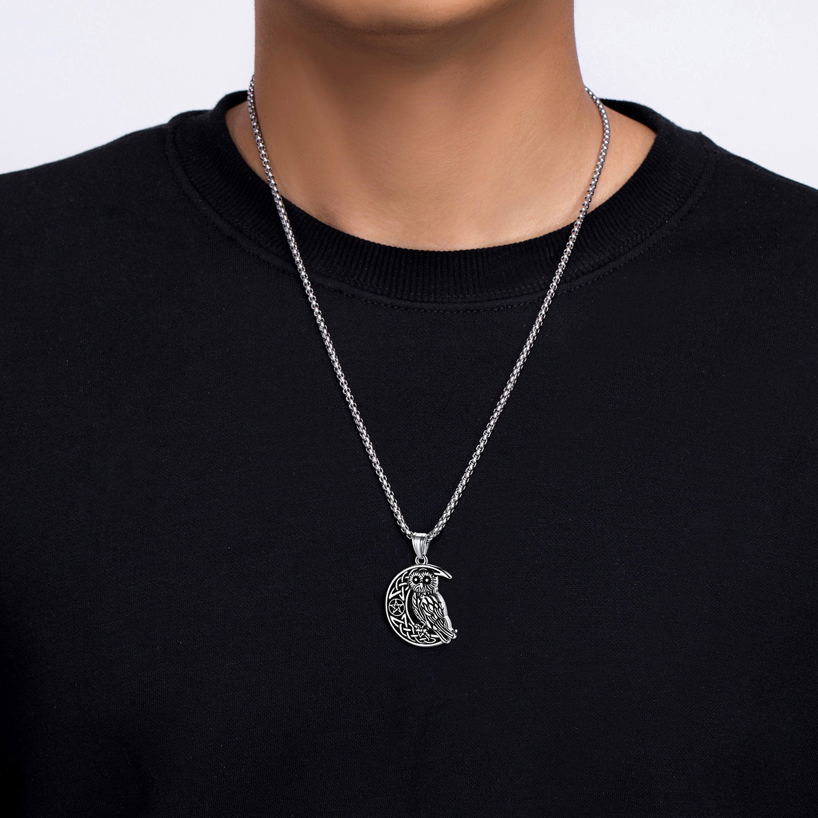 FaithHeart Viking Celtic Crescent Moon Owl Necklace for Men FaithHeart
