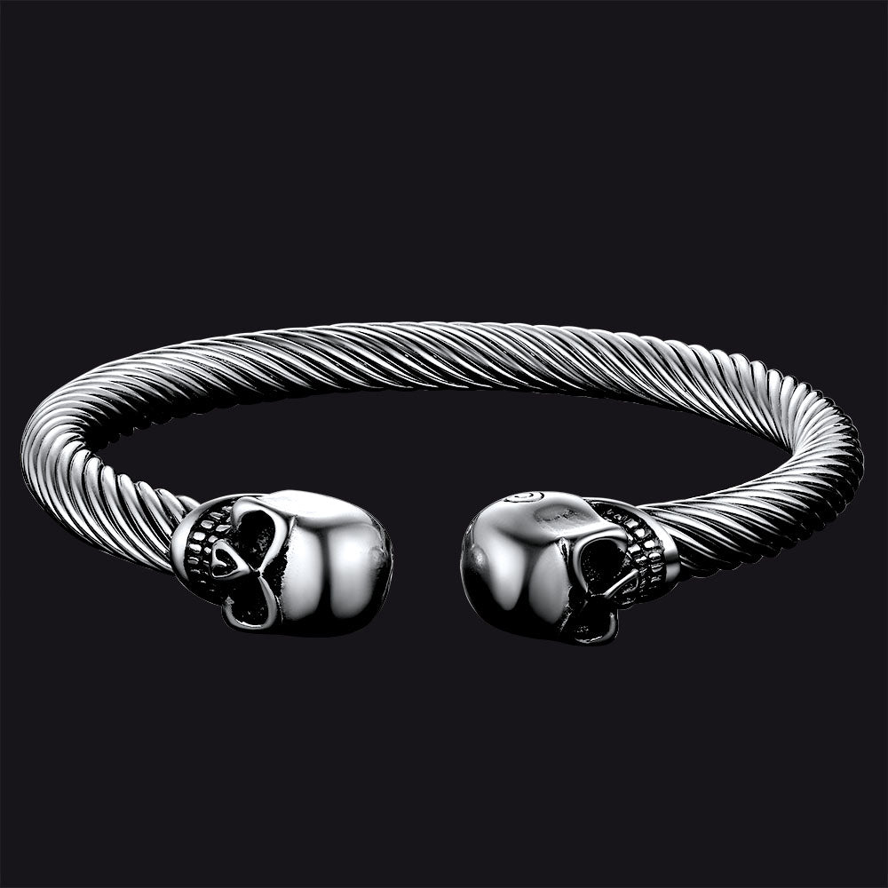 FaithHeart Stainless Steel Twin Skull Cuff Bracelet Twisted Cable Bangle for Men FaithHeart